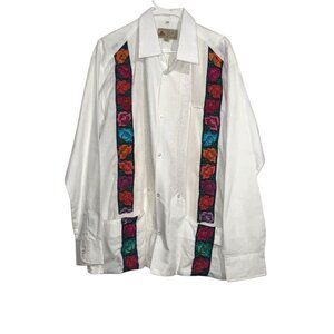 Mens White Guayabera Shirt By Colli With Multicolor Floral Embroidery & Pleats S